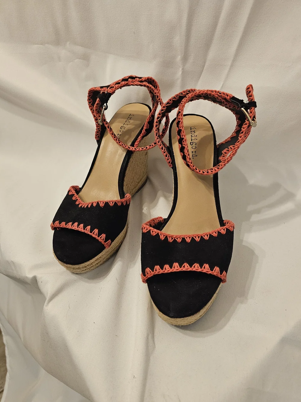 Indigo Black Wedge Sandals with Coral Stitching